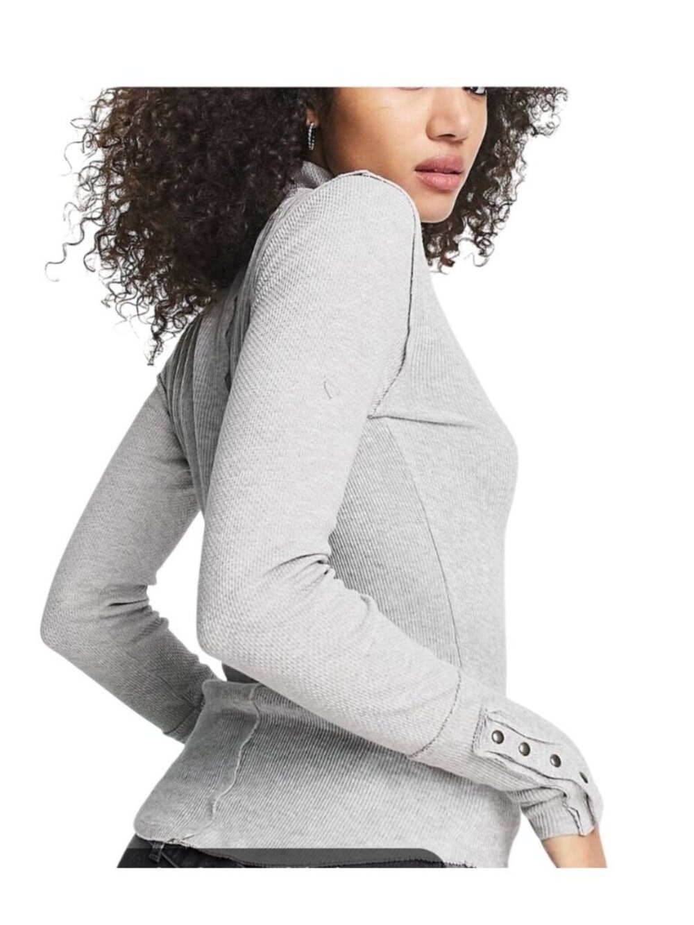 We The Free L Freya Gray Ribbed Long-Sleeve Mock Neck Thermal Top W/ Snap Cuff